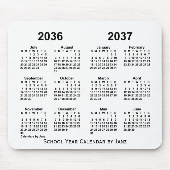 2036-2037 White School Year Calendar by Janz Mouse Mat (Front)