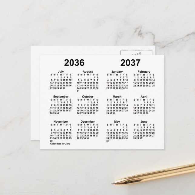 2036-2037 White School Year Calendar by Janz Postcard (Front/Back In Situ)