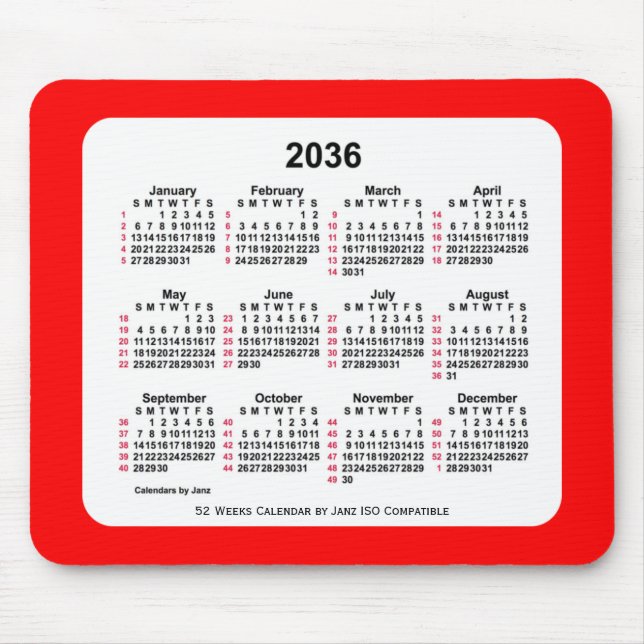 2036 Red 52 Weeks ISO Calendar by Janz Two Tone Mouse Mat (Front)