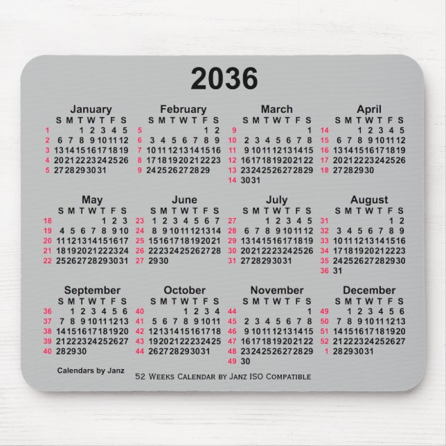 2036 Silver 52 Weeks ISO Calendar by Janz Mouse Mat (Front)