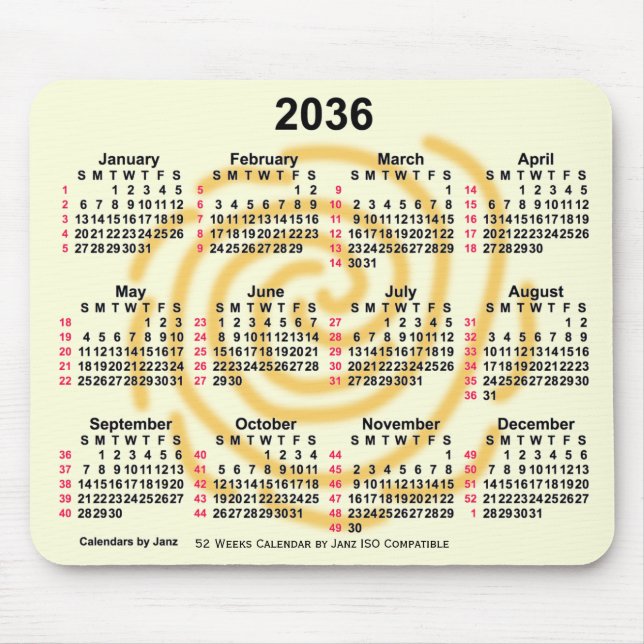 2036 Sunny Days 52 Weeks ISO Calendar by Janz Mouse Mat (Front)