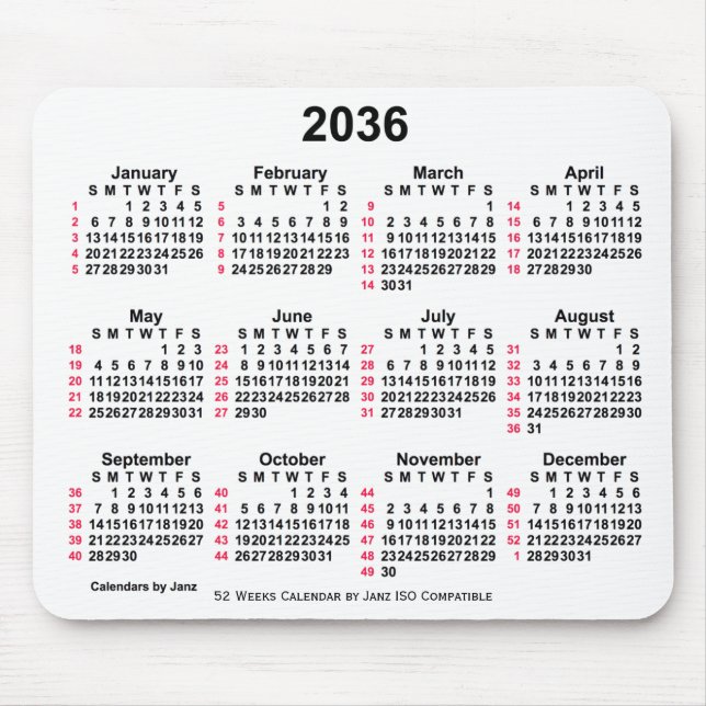 2036 White 52 Weeks ISO Calendar by Janz Mouse Mat (Front)