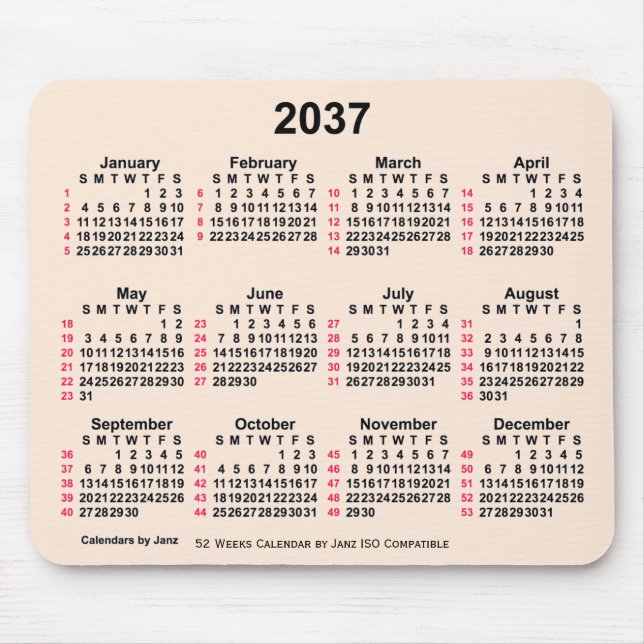 2037 Antique White 52 Weeks ISO Calendar by Janz Mouse Mat (Front)