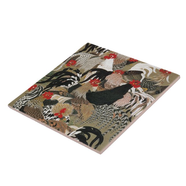 20. 群鶏図, 若冲 Flock of Roosters, Jakuchu, Japan Art Tile (Side)
