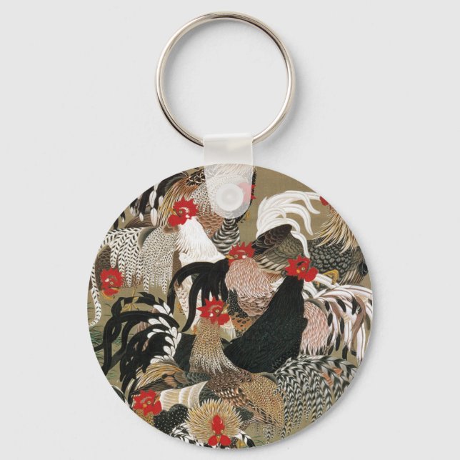20. 群鶏図, 若冲 Flock of Roosters, Jakuchu Key Ring (Front)