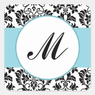 20 - 1.5" Envelope Sticker Black Damask Baby Blue