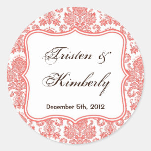 20 - 1.5"  Favour Stickers Coral White Damask Lace