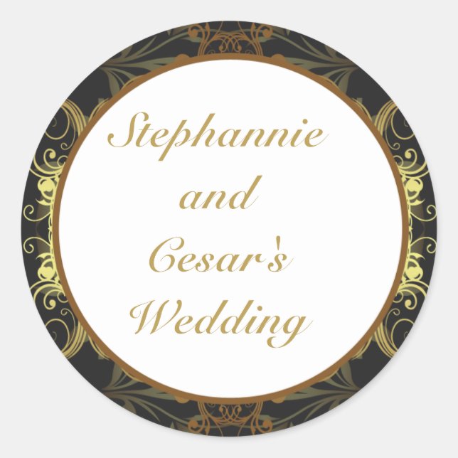20 - 1.5" Favour Stickers Gold and Black Damask (Front)