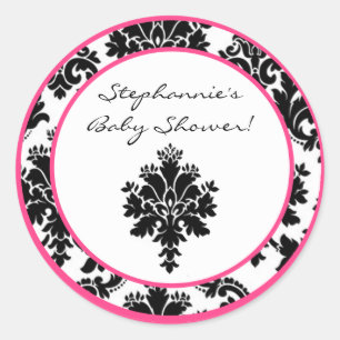 20 - 1.5" Favour Stickers Hot Pink Black Damask