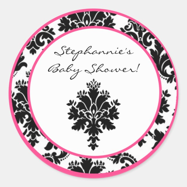 20 - 1.5"  Favour Stickers Hot Pink Black Damask (Front)