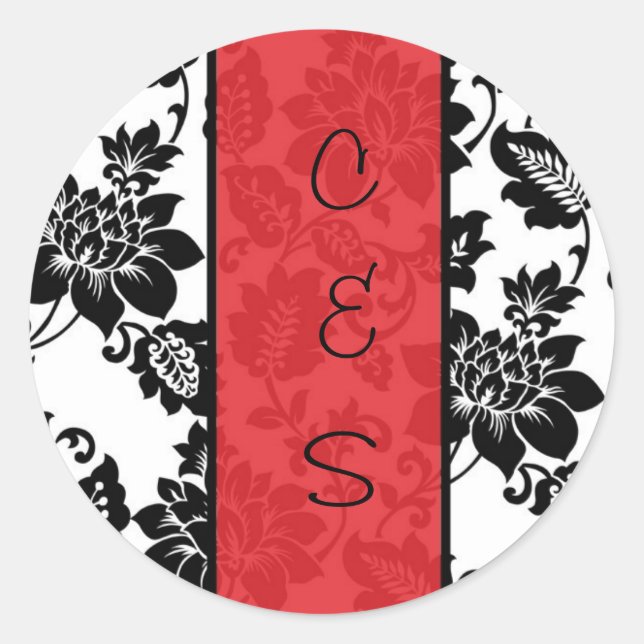 20 Black/Red Floral Damask Wedding Favour Stickers (Front)