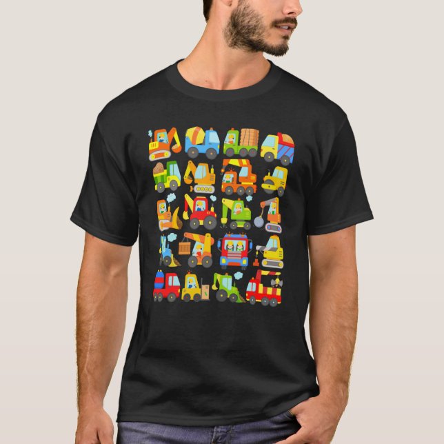 20 construction vehicles excavator truck cars cons T-Shirt (Front)