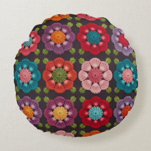 20 Daisy Floral Pattern Pouf - Black Decorative Round Cushion