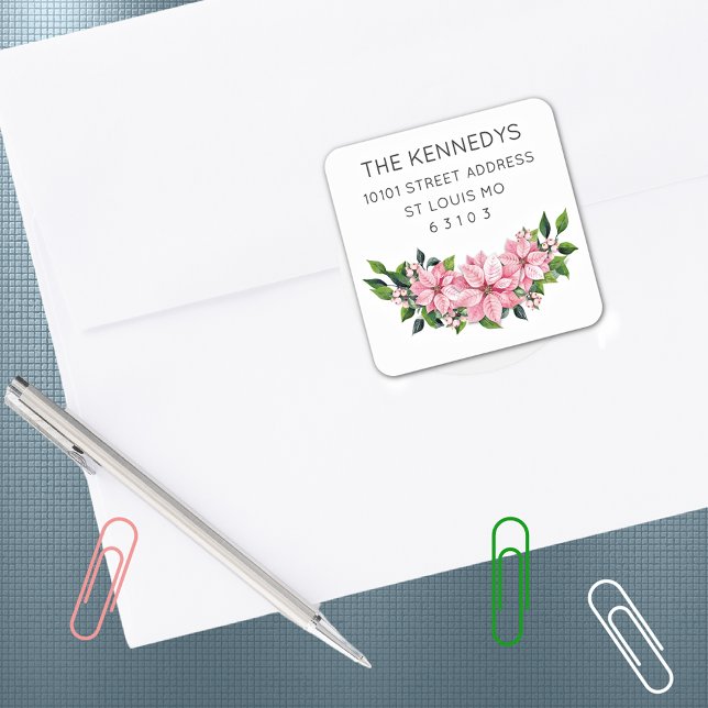 20 Elegant Pink Poinsettia Swag Address Square Sticker (Creator Uploaded)