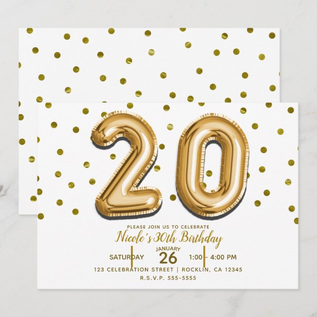 20 Gold Balloons & Confetti 20th Birthday Party Invitation (Front/Back)