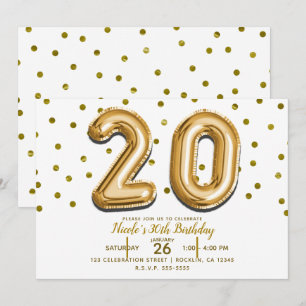 20 Gold Balloons & Confetti 20th Birthday Party Invitation