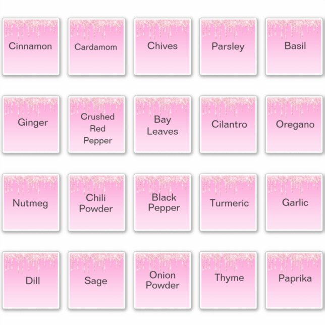 20 kitchen herbs and spices, pink glitters label (Front)