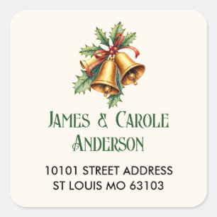 20 Matching Bells & Holly Return Address Square Sticker