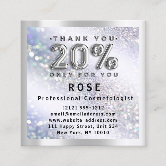 20% Off Discount Logo Hair Lash Glitter Silver Appointment Card (Front)