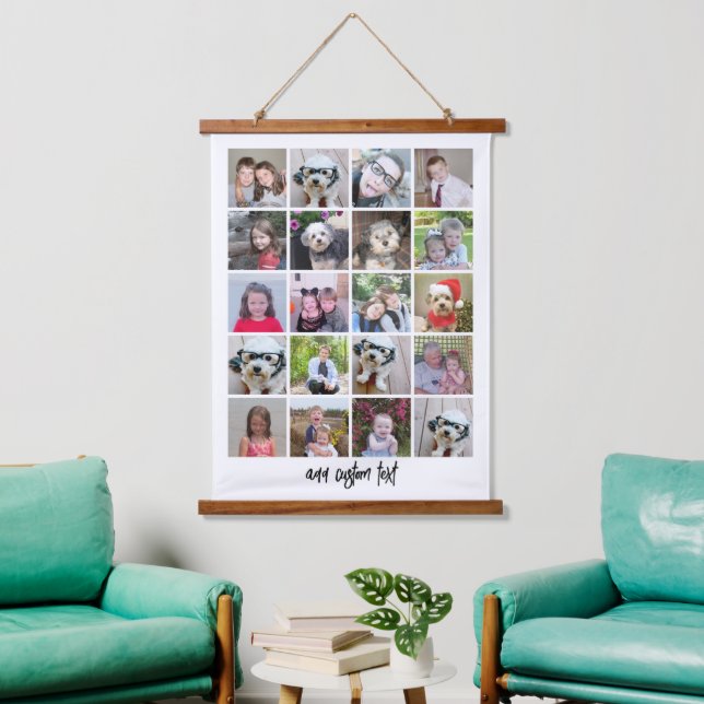 20 Photo Collage - Family Text On Bottom - White Hanging Tapestry (Living Room)