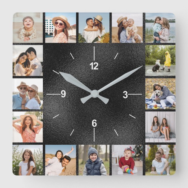 20 Photo Collage Faux Black Brushed Metallic Foil  Square Wall Clock (Front)