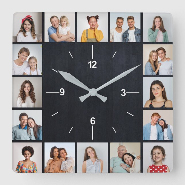 20 Photo Collage Faux Black Chalkboard Square Wall Clock (Front)