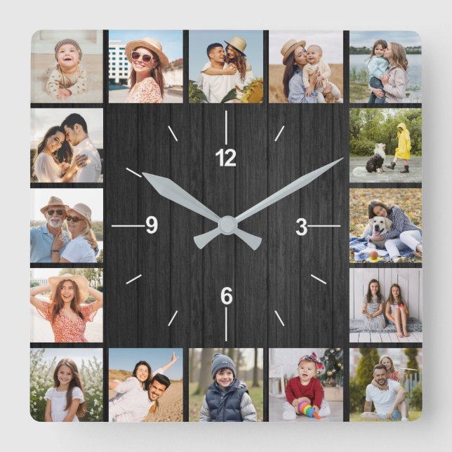 20 Photo Collage Faux Dark Black Wood Fence Square Wall Clock (Front)