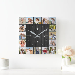 20 Photo Collage Faux Dark Black Wood Fence Square Wall Clock