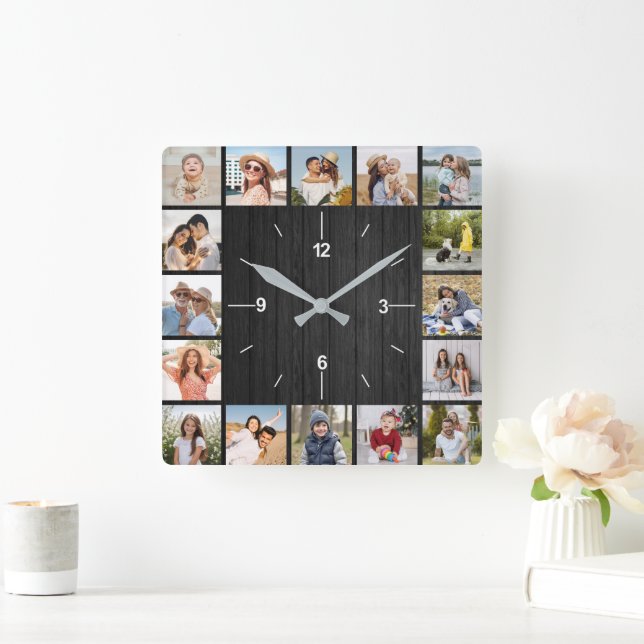 20 Photo Collage Faux Dark Black Wood Fence Square Wall Clock (Home)