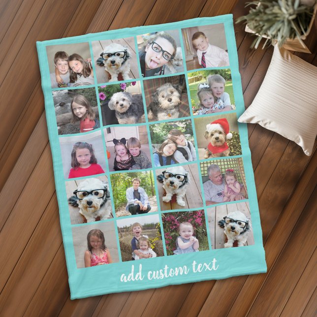 20 Photo Collage - Grid with Script Text aqua teal Fleece Blanket (Personalized fleece blanket with 20 photos and custom text - Makes a great Gift)