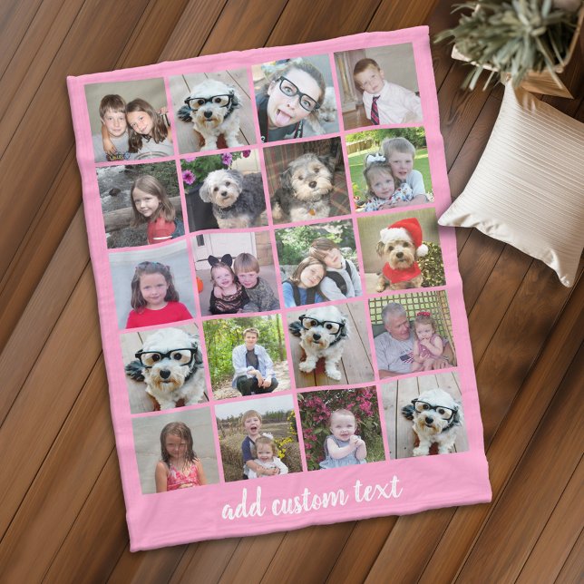 20 Photo Collage - Grid with Script Text - pink Fleece Blanket (Personalized fleece blanket with 20 photos and custom text - Makes a great Gift)