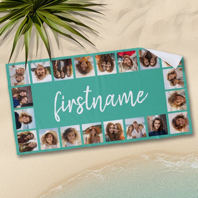 20 Photo Collage Pick your colour and add your nam Beach Towel (Personalized beach towel with photos and text)