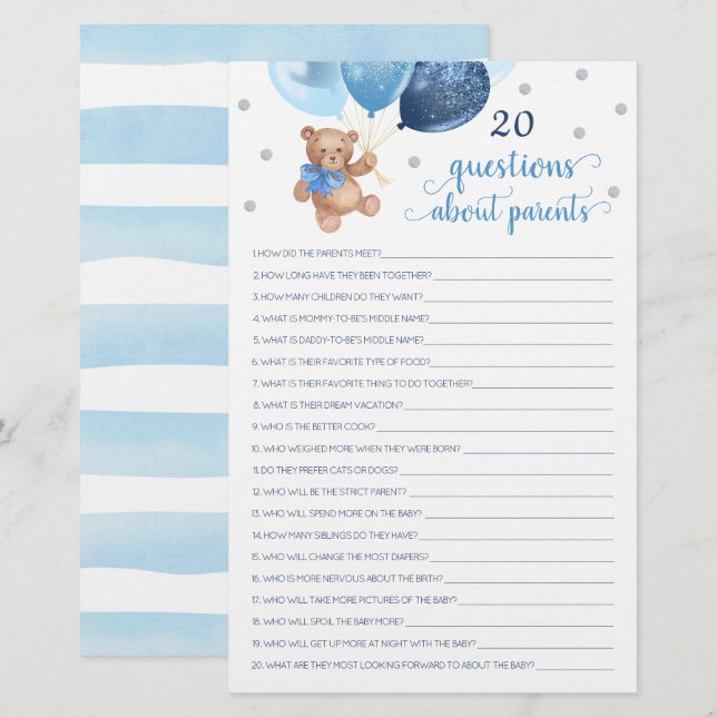 20 Questions About Parents Baby Shower Teddy Bear (Front/Back)