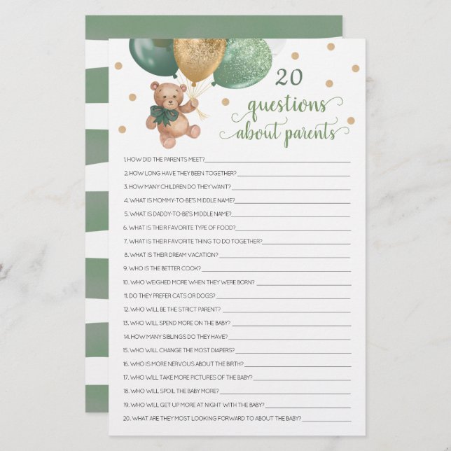 20 Questions About Parents Baby Shower Teddy Bear (Front/Back)