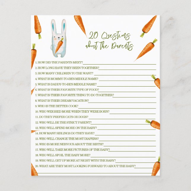 20 Questions about Parents! Bunny baby shower game (Front)