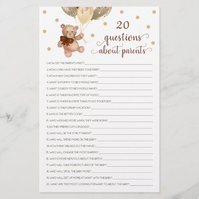 20 Questions About Parents Teddy Bear Baby Shower (Front)