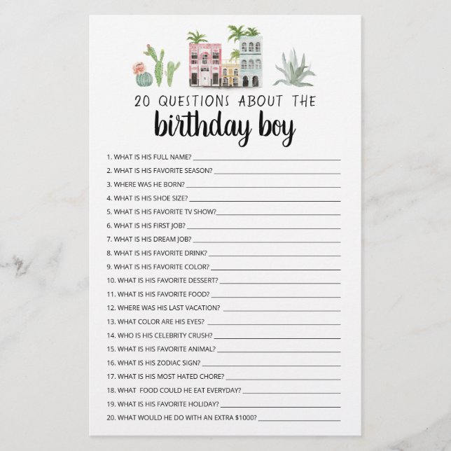 20 Questions About The Birthday Boy Editable Game (Front)