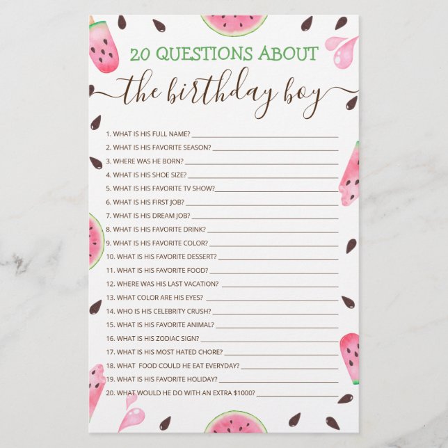 20 Questions About The Birthday Boy Editable Game (Front)