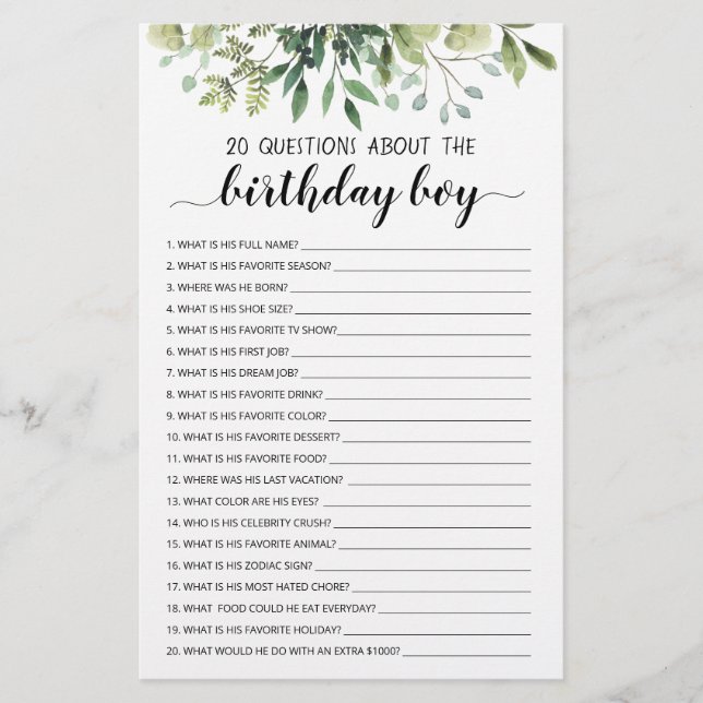 20 Questions About The Birthday Boy Editable Game (Front)