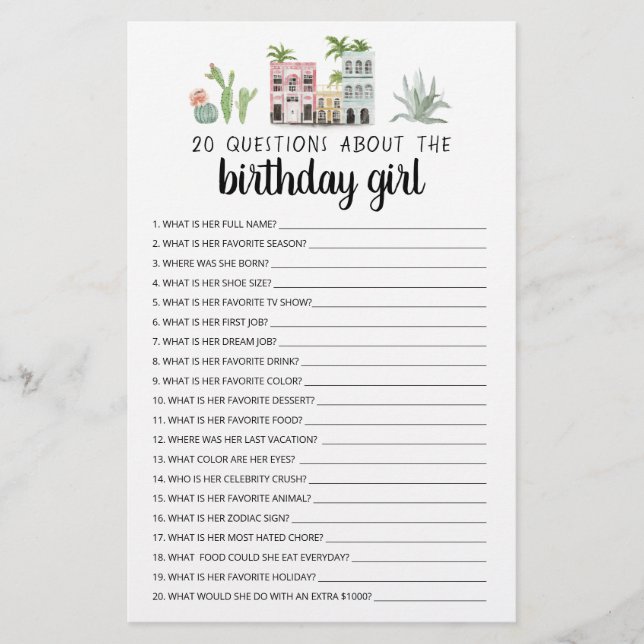 20 Questions About The Birthday Girl Editable Game (Front)