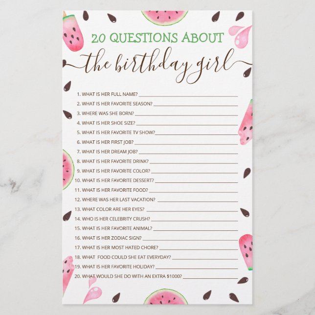 20 Questions About The Birthday Girl Editable Game (Front)