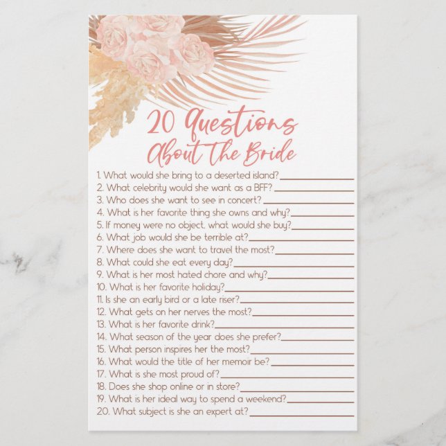 20 Questions About The Bride Bridal Shower Game  Stationery (Front)
