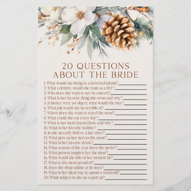 20 Questions About The Bride Bridal Shower Game  Stationery (Front)
