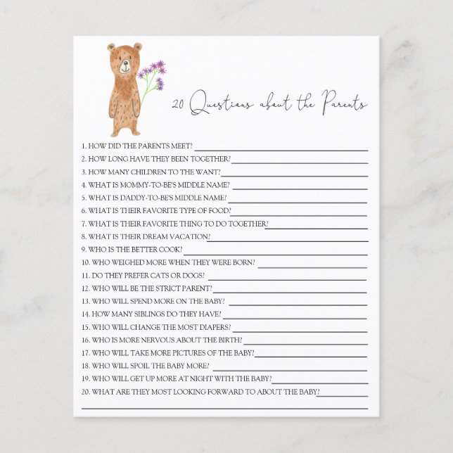 20 Questions about the Parents baby shower game (Front)