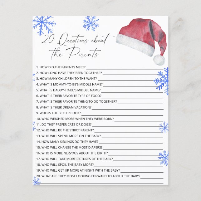 20 Questions about the Parents baby shower game (Front)