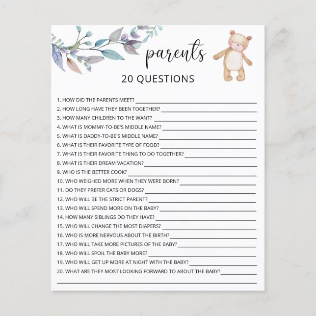 20 Questions about the Parents baby shower game (Front)
