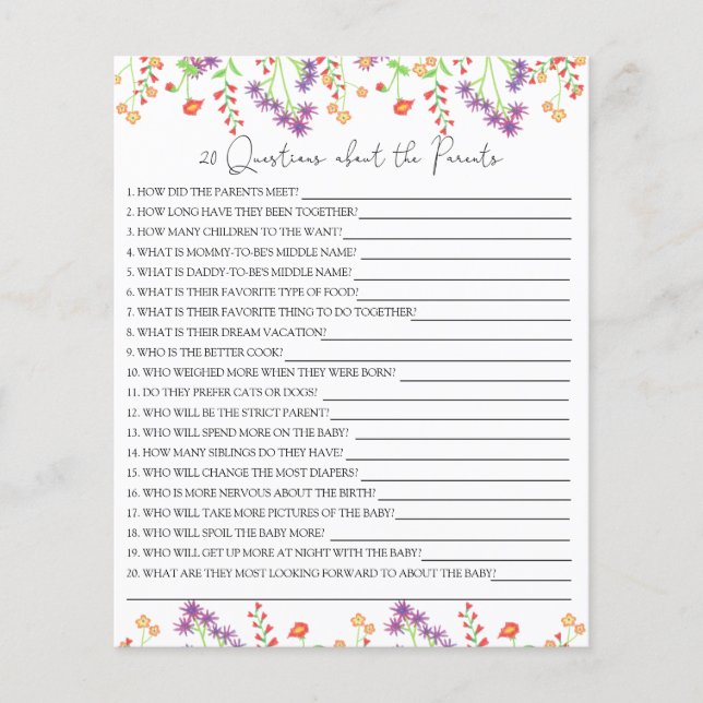 20 Questions about the Parents baby shower game (Front)