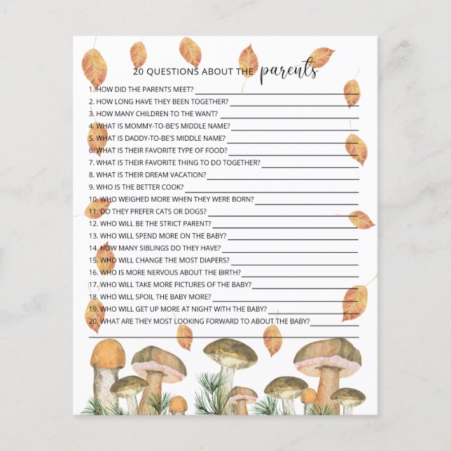 20 Questions about the Parents baby shower game (Front)