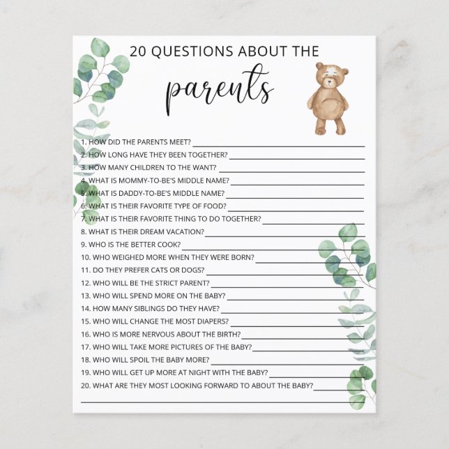 20 Questions about the Parents baby shower game (Front)