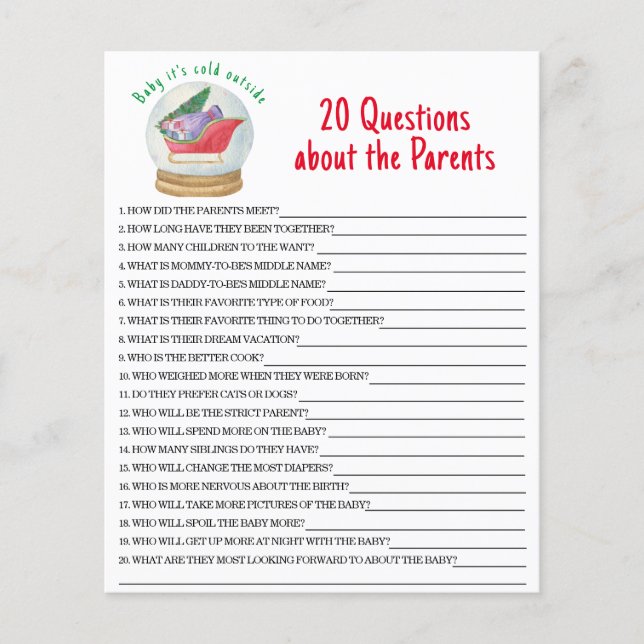 20 Questions about the Parents baby shower game (Front)